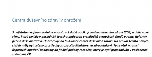 Centra duševního zdraví jsou v ohrožení